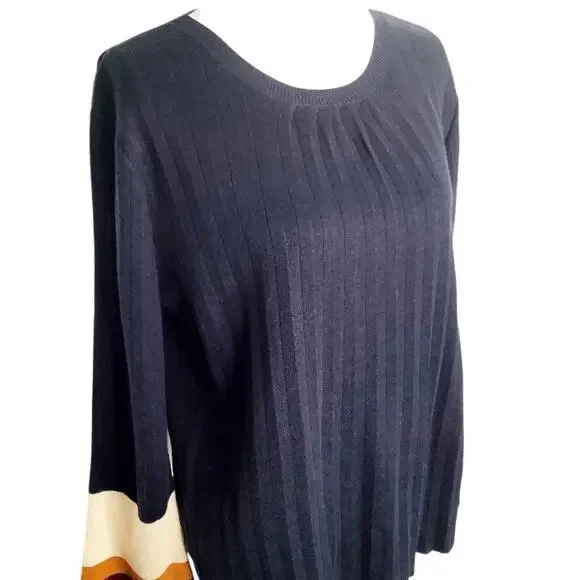 Cliche Navy Pleated Bell Sleeve Sweater Striped Cuffs Medium - Picture 3 of 7